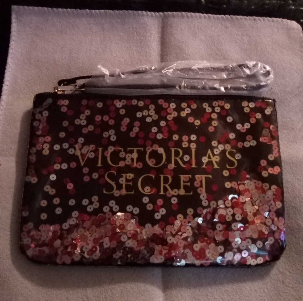 Victoria's Secret Large (9×6) Black Sequin See Thru Wristlet/Clutch NWOT